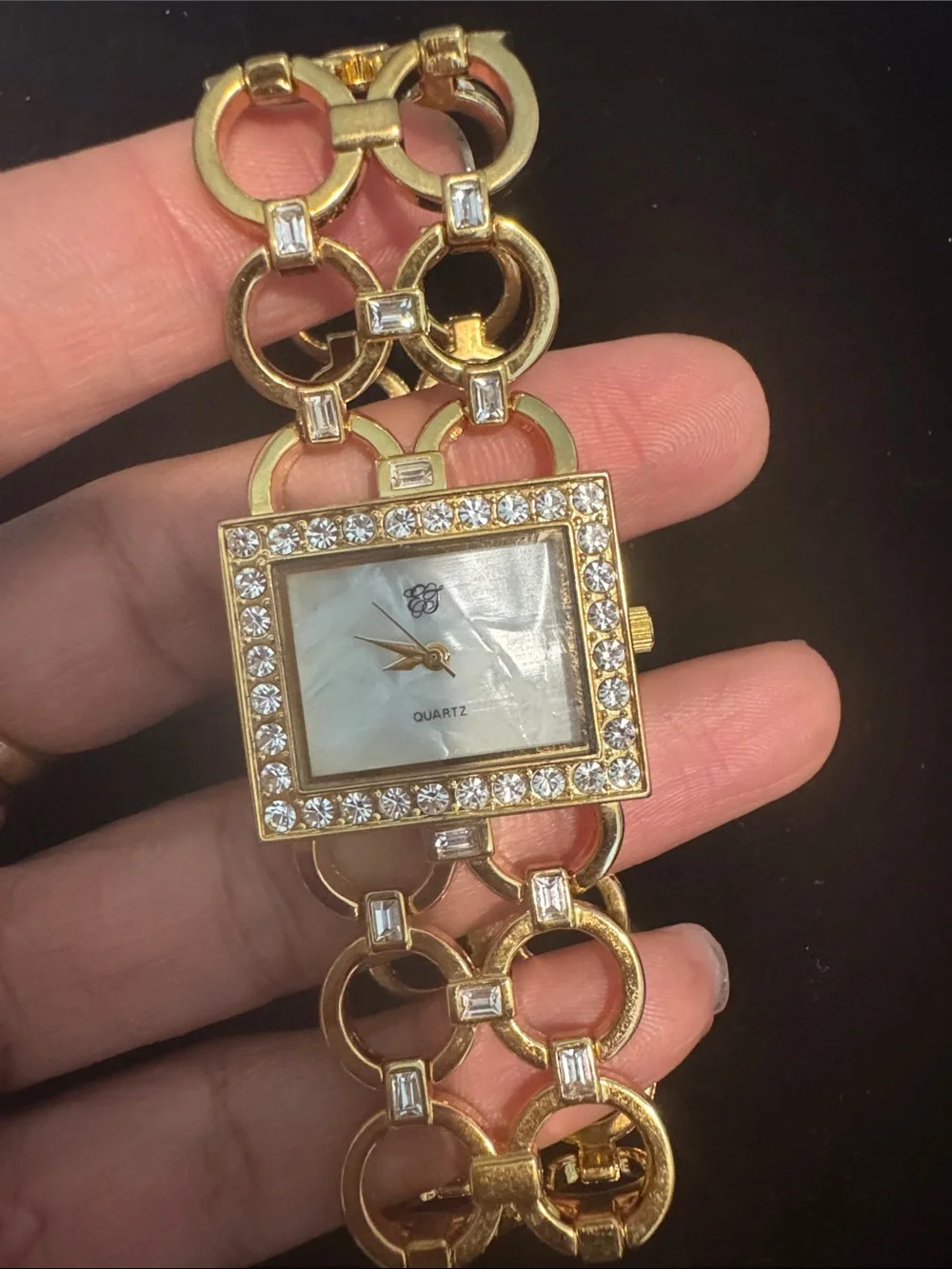Elizabeth Taylor Gold-Tone Crystal Bracelet Quartz Watch MOP Dial
